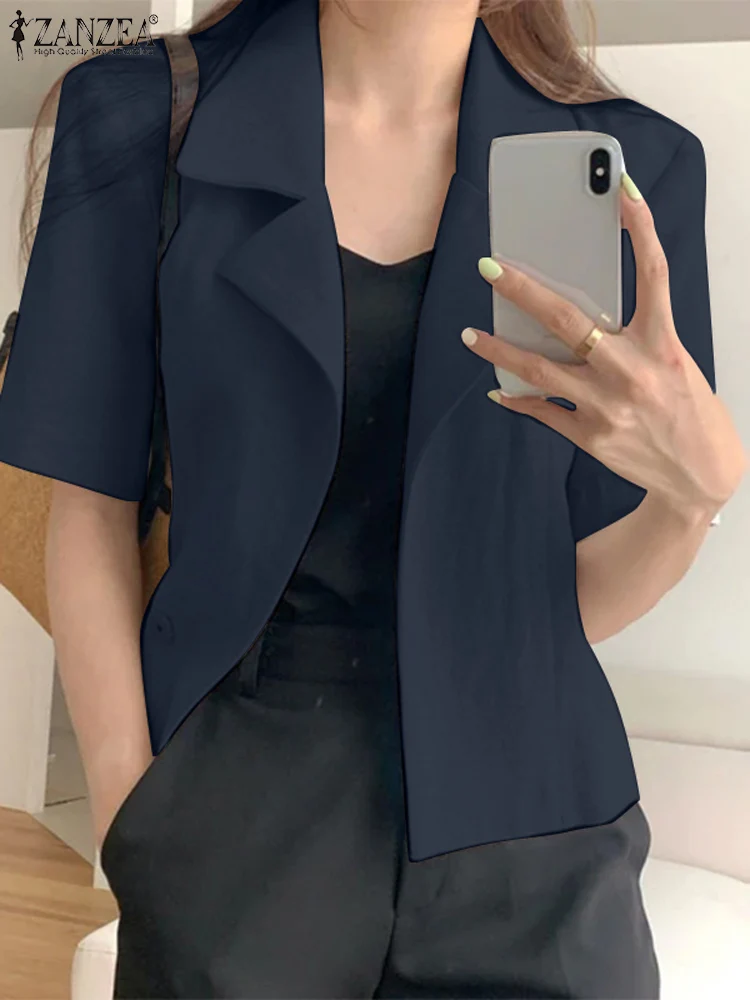 Top Trends: ZANZEA Fashion Blazer Summer Lapel Neck Shirt Woman Solid Color Short Sleeve OL Blouse Femme Casual Streetwear Tops Blusas Mujer Shoppable Styles