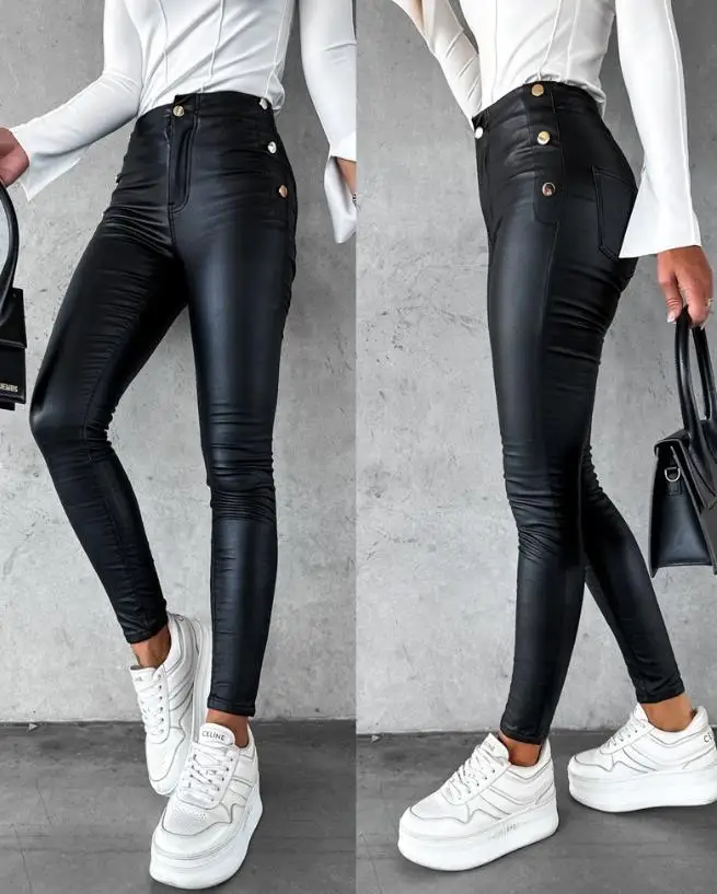 Top Trends: Women Clothing Pants 2023 Autumn Casual Pu Leather Side Button Skinny Long Pants Fashion Basics Tight Trousers Street Wear Shoppable Styles