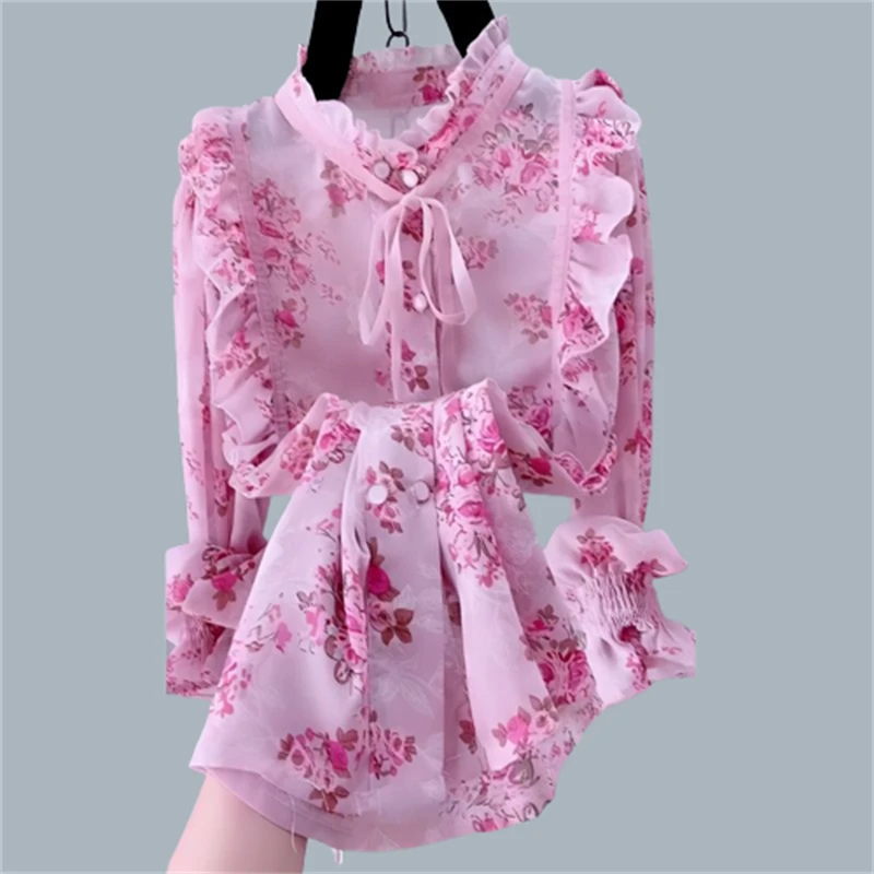 Top Trends: Women Vintage Floral Printed Ruffle Lace Up Shirts Spring Autumn Fashion Elegant Chic Sweet Blouses Long Sleeve Loose Tops Blusa Shoppable Styles