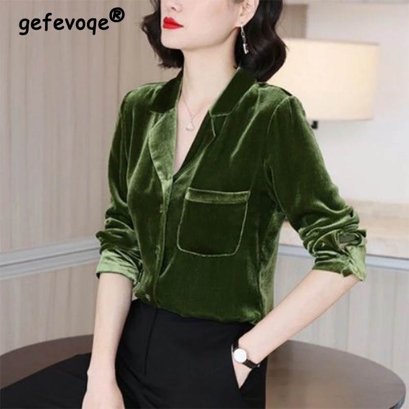 Top Trends: 2022 Spring Autumn Velvet Elegant Fashion Solid Shirt Ladies Polo-neck Long Sleeve Buttons Vintage Top Women Loose Casual Blouse Shoppable Styles