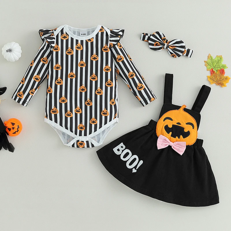 Top Trends: Halloween 0-2Y Baby Girls Cute Clothes Pumpkin Print Long Sleeves Romper And Suspender Skirt Headband Fall Outfit Shoppable Styles