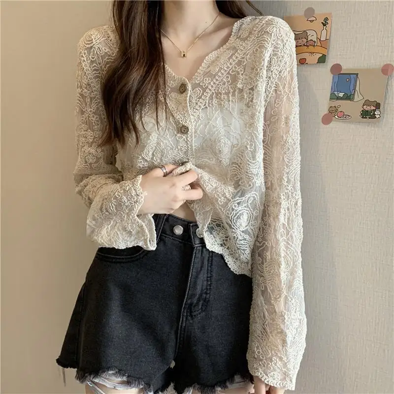 Top Trends: Korean Sexy Female Perspective Solid Lace Tops Spring Summer Thin Casual All-match Long Sleeve Buttons Cardigan Women's Clothing Shoppable Styles