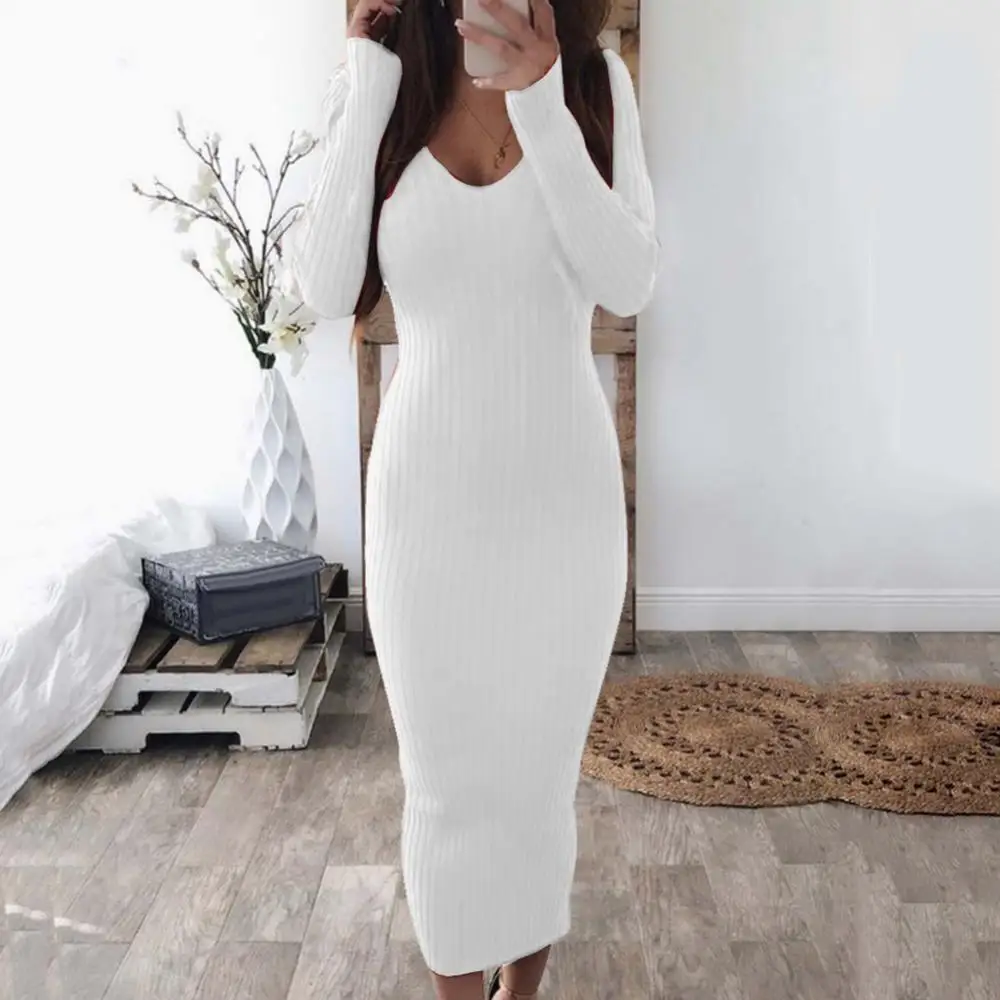 Top Trends: Sexy Backless Bodycon Long Sleeve Dress Slim Midi Dress Women V Neck Ribbed Knitted Midi Dress Shoppable Styles