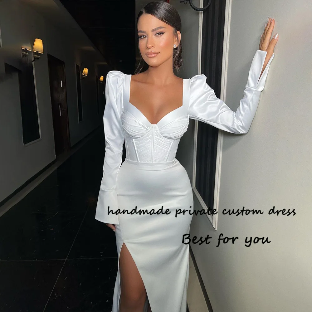 Top Trends: Simple Satin Civil Wedding Dresses Leg Split Long Sleeve V Neck Mermaid Bridal Gowns Bodycon Tight Beach Wedding Bride Dress Shoppable Styles