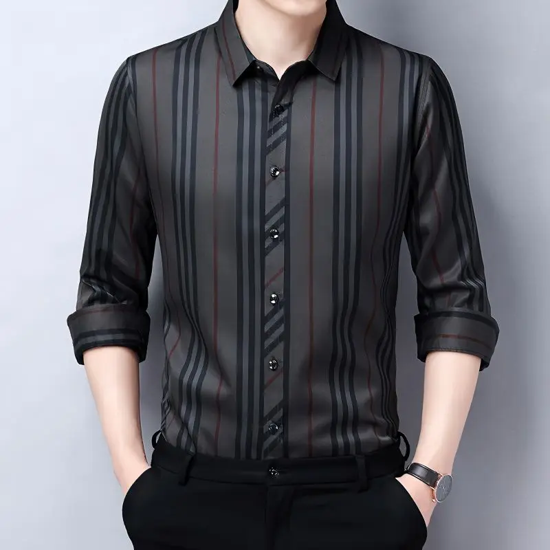 Top Trends: Fashion Men Business Stripe Shirt Spring Autumn Streetwear Male Clothes Long Sleeve Lapel Button Casual Loose Korean Thin Tops Shoppable Styles