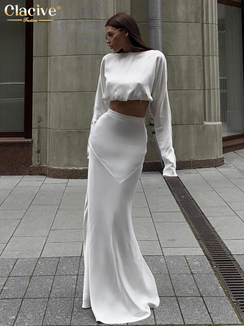 Top Trends: Clacive Sexy White Satin 2 Piece Sets Women Outfit 2024 Fashion Long Sleeve Crop Top With High Waist Long Skirts Set Streetwear Shoppable Styles