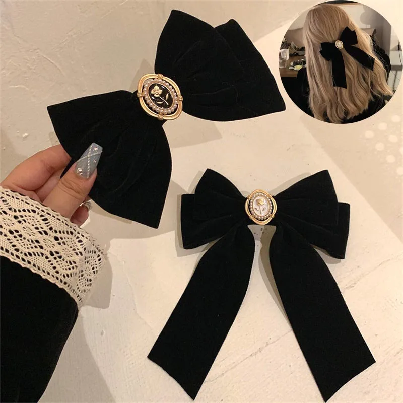 Top Trends: 2023 New Black Velvet Bow Hairpins For Women Elegant Fabric Alloy Roses Hair Clips Fashion Ponytail Barrette Heawear Accessories Shoppable Styles