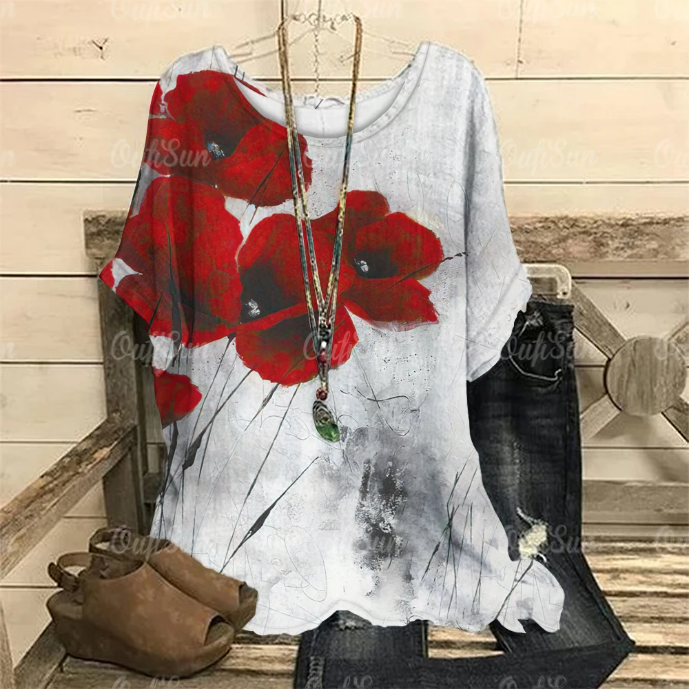 Top Trends: Poppy Flower Print Women Tshirt 2023 Summer Fashion Female Clothing Oversized O-Neck Ladies Top Casual Short Sleeve Pullover Tee Shoppable Styles