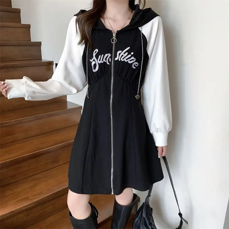 Top Trends: Casual Letter Printing Hooded Mini Dress Spring Autumn New Long Sleeve Contrast Patchwork Dresses Fashion Sweet Women Clothing Shoppable Styles