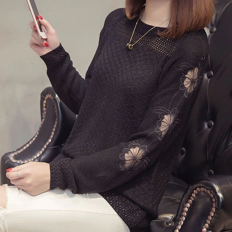 Top Trends: New Autumn Fashion Trend Hollow Lace Loose And Versatile Round Neck Solid Color Fashionable Women's Knitted Long Sleeve Sweater Shoppable Styles