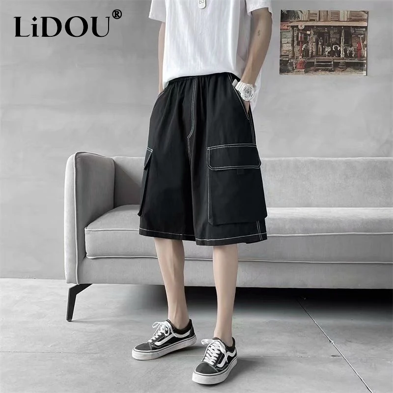 Top Trends: Japanese Style Summer Elastic Waist Pockets Solid Color Bright Line Decoration Knee Length Shorts Men&#039;s Loose Straight Pants Shoppable Styles