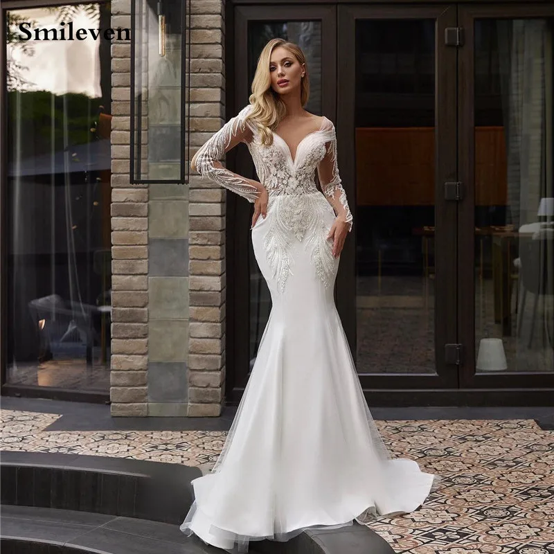 Top Trends: Smileven Lace Mermaid Wedding Dresses Long Sleeve V Neck Pleats Elegant Bride Dress Wedding Gowns Backless 2023 Vestido De Noiva Shoppable Styles