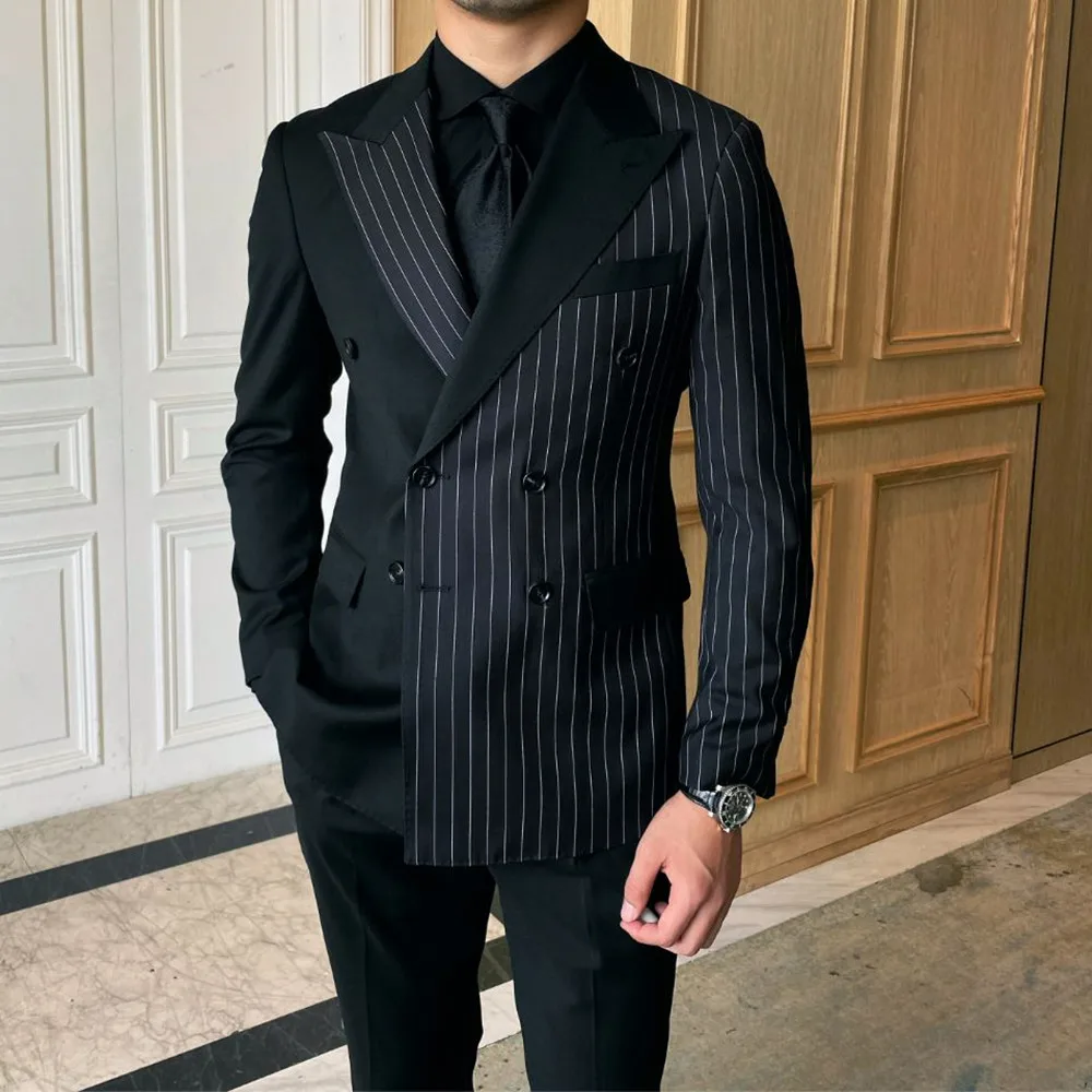 Top Trends: Double Breasted Black Striped Mens Suits For Wedding Custom Made Groom Dress Tuxedos For Man Costume Homme Best Man Blazer Pants Shoppable Styles