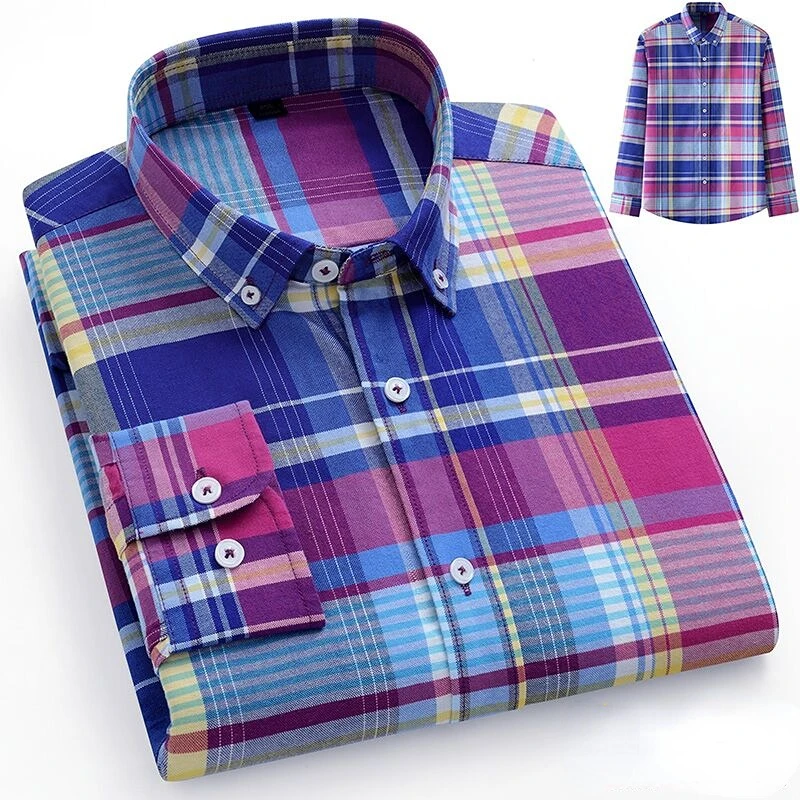 Top Trends: Men Shirts Long Sleeve 100 Cotton Striped Plaid Shirt Oxford Casual Colorful Regular Slim Fit Shirt Men Social Formal Fashion Shoppable Styles