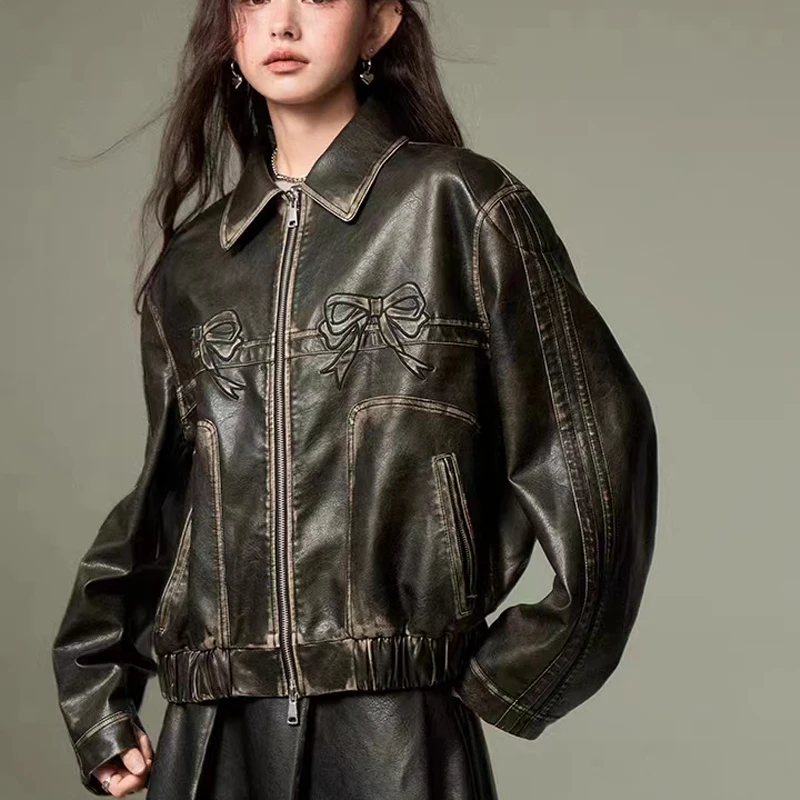 Top Trends: YICIYA Leather Jackets Bow Embroidery Black Bomber Women Racing Winter Korean Fashion Jacket Vintage Outerwear Coats Outwear Y2k Shoppable Styles