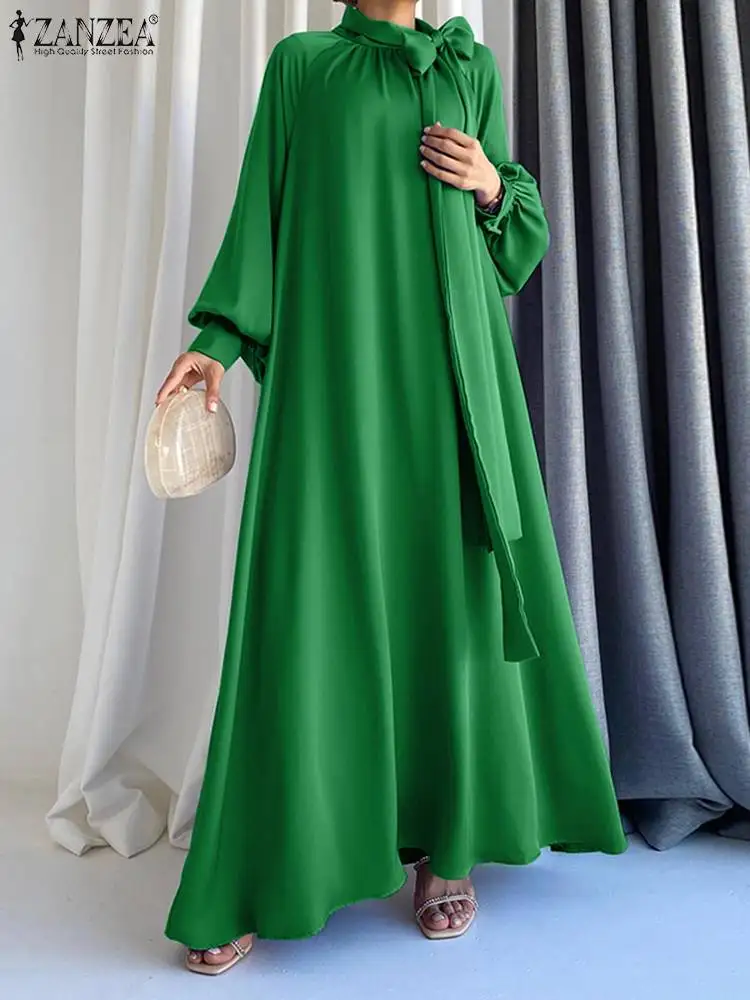 Top Trends: ZANZEA Fashion Bow Tie Neck Baggy Dresses Women Casual Puff Sleeve Solid Color Oversize Swing Maxi Dress Elegant Party Long Robe Shoppable Styles