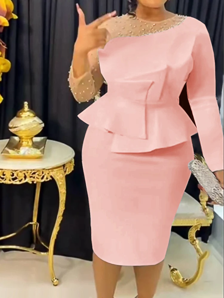 Top Trends: Pink Ruffle Elegant Dress Women Long Sleeve Beaded Mesh Patchwork Peplum Slim Pencil African Evening Part Church Event Dresses Shoppable Styles