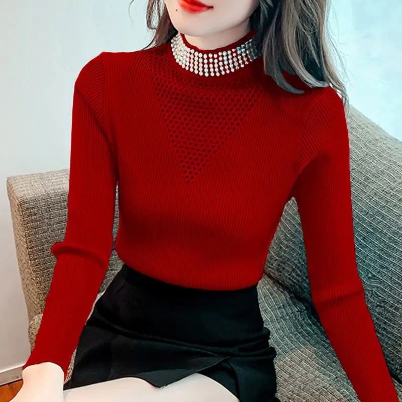 Top Trends: Fashion Stand Collar Spliced Hollow Out Diamonds Sweaters Women Clothing 2023 Autumn Winter Loose Korean Pullovers Casual Tops Shoppable Styles