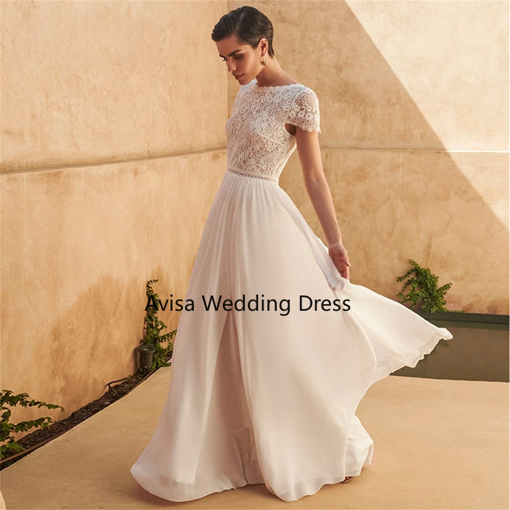 Top Trends: 2024 Chiffon A-Line Scoop Lace Boho Wedding Dress For Women Short Sleeves Floor Length Backless Bridal Gown Robe De Marie Shoppable Styles