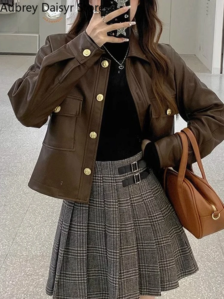 Top Trends: Vintage Brown Leather Jacket Women Streetwear Casual Moto Biker Leather Jacket Korean Winter Punk Thin Blazer Leather Coat 2023 Shoppable Styles