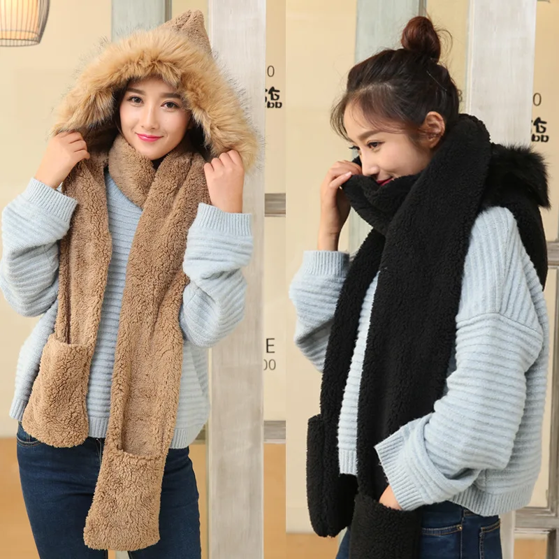 Top Trends: Winter Warm Women Hoodie Hat / Scarf / Gloves Set Soft Plush Thick Warm Cap Cold Weather Scarf Wraps Shoppable Styles