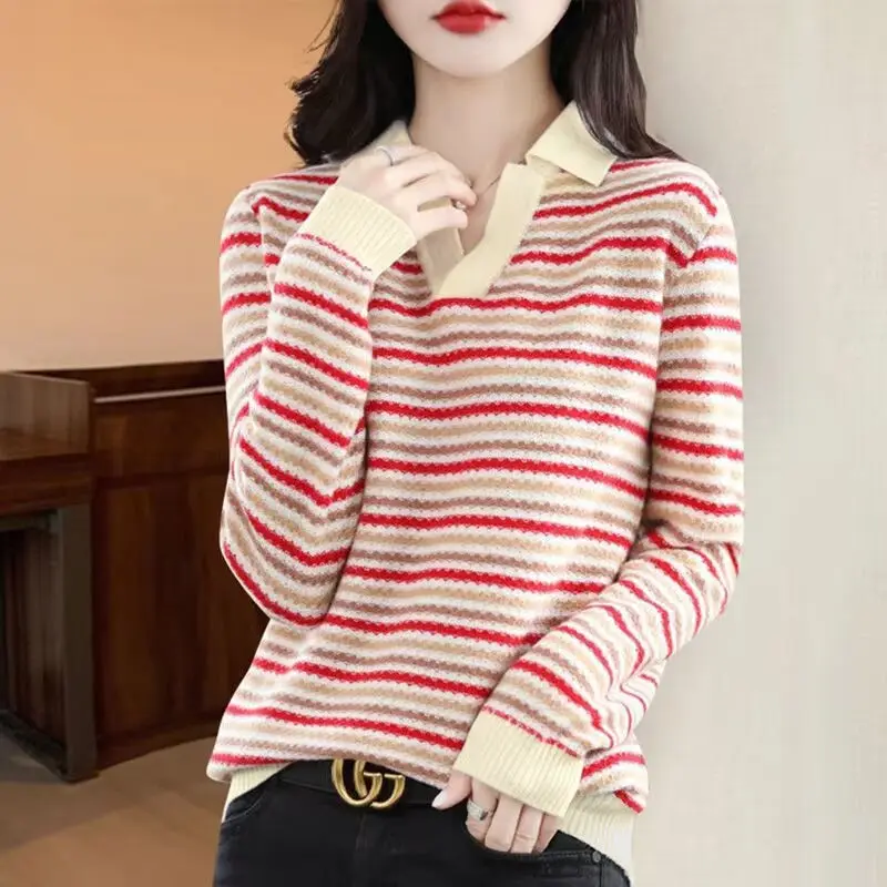 Top Trends: Korean Women Clothing Fashion Bottoming Stripe Sweaters Spring Autumn Long Sleeve Casual All-match V-Neck Knitted Pullovers Tops Shoppable Styles