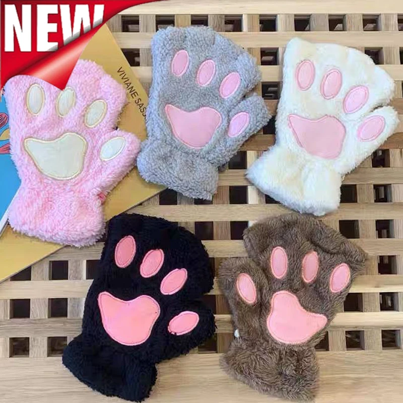 Top Trends: New Unisex Fluffy Cat Paw Claw Fingerless Gloves Warm Soft Plush Fingerless Panda Mittens Half Finger Women Wear Christmas Gift Shoppable Styles