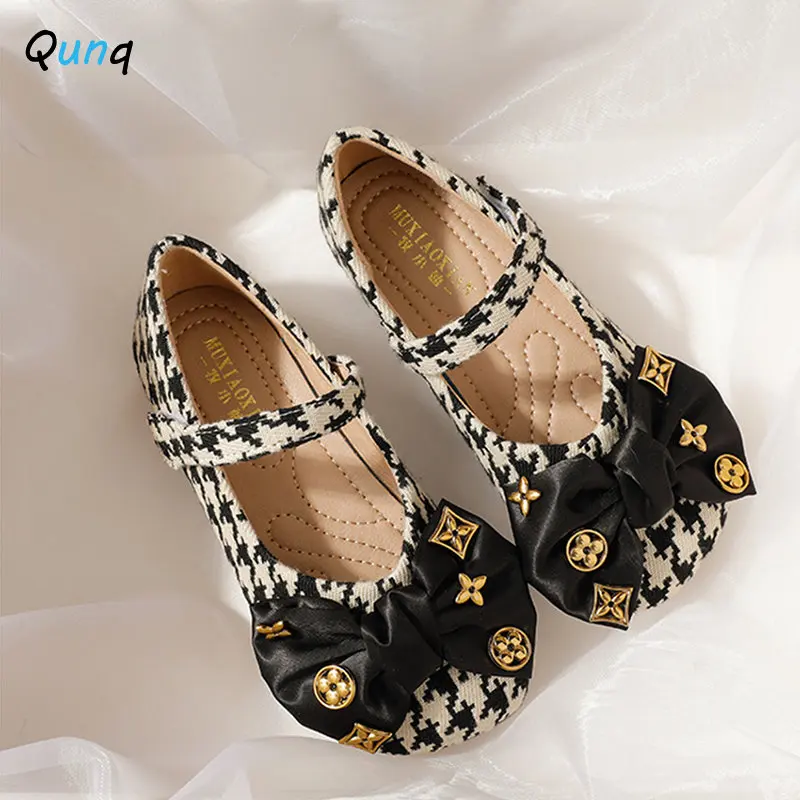 Top Trends: Qunq 2023 Summer INS New Girls Bow Plaid Splicing Lovely Princess Children's Single Shoes Breathable Fashion Casual Kids Shose Shoppable Styles