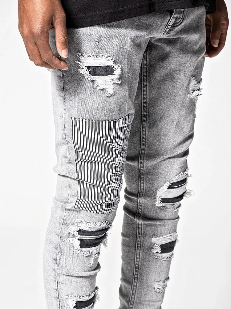 Top Trends: Men's Skinny Ripped Jeans Streetwear Fashion Beggar Patch Men Pencil Pants Grey / Blue Slim Denim Trousers Casual Jeans For Men Shoppable Styles - Image 4