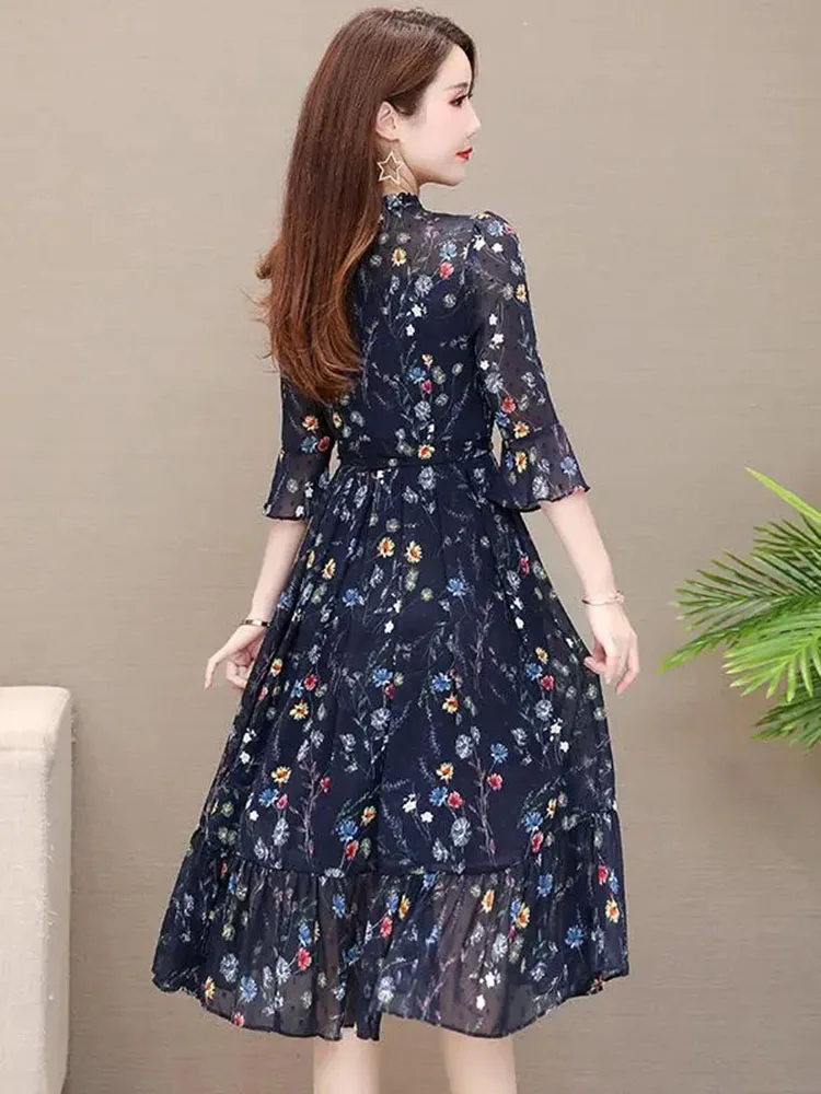 Top Trends: Summer Boho Chiffon Midi Dress Women 3 / 4 Sleeve Floral Vestidos Korean Slim A-line Dresses Big Size Casual Robe Elegant Elbise Shoppable Styles - Image 2