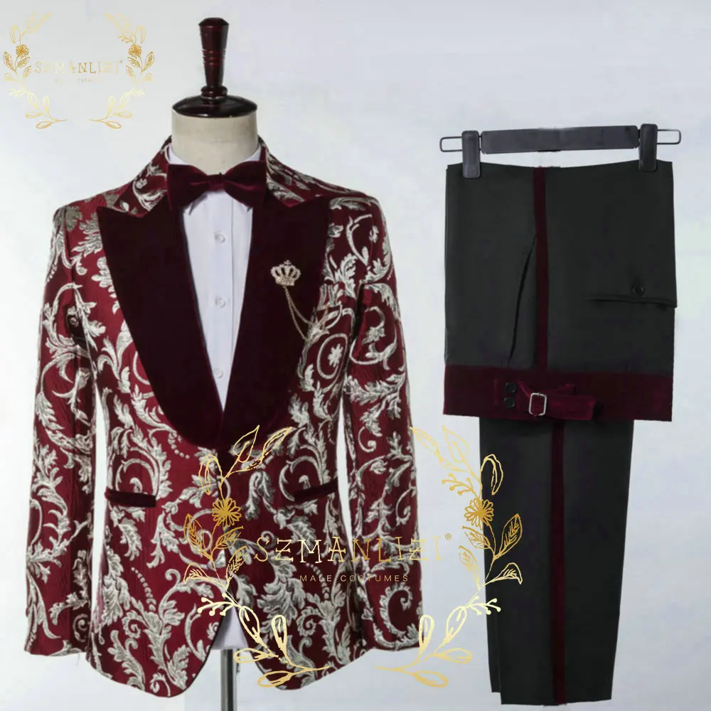 Top Trends: SZMANLIZI 2022 Burgundy Jacquard Prom Men Suits For Wedding Slim Fit Groom Tuxedos Male Party Blazer 2 Pieces Set Costume Homme Shoppable Styles