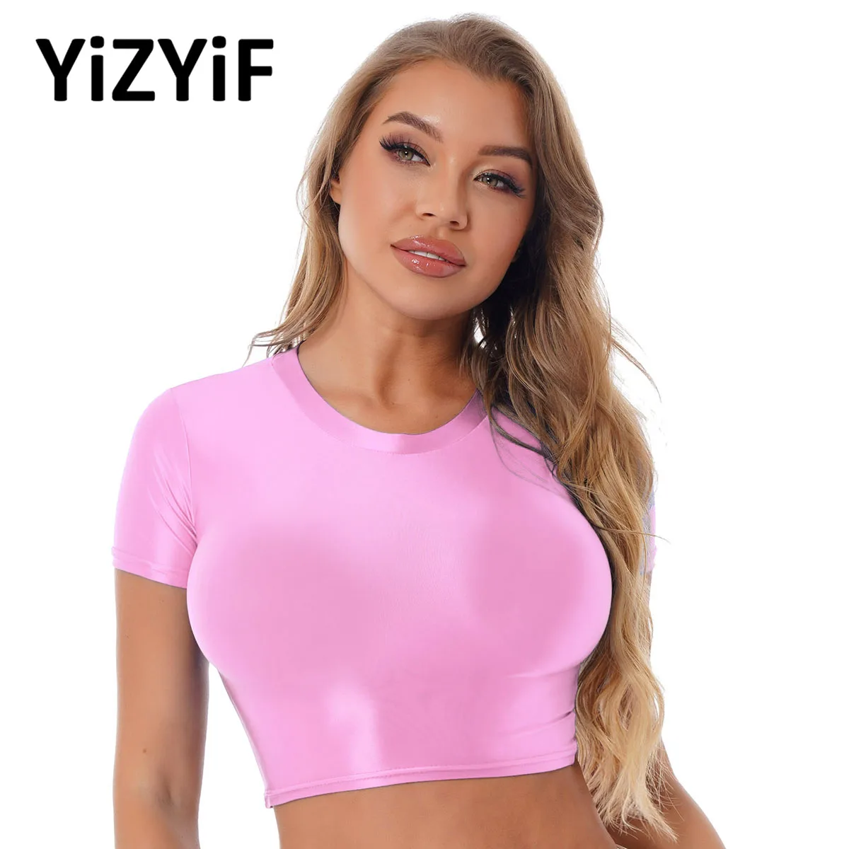 Top Trends: Womens Smooth Glossy Short Sleeve Crop Top Solid Gym Fitness Slim Fit Vest Tanks T-shirt Tops Rave Party Clubwear Swimwear Shoppable Styles