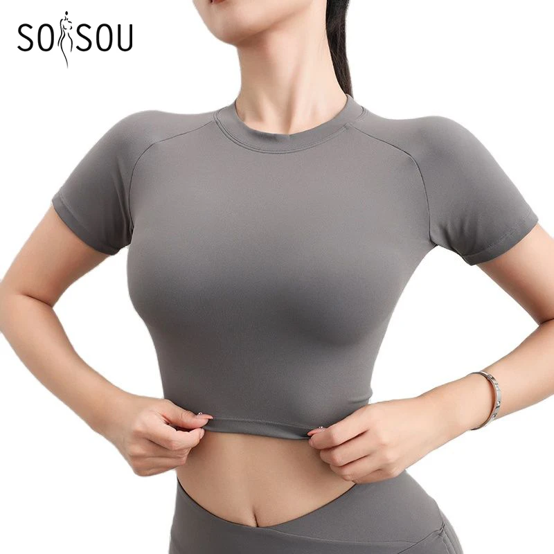 Top Trends: SOISOU Nylon Top Women T-shirt Gym Yoga Shirts Fitness Tight Elastic Breathable Sports Top Womens Clothing 4 Sizes 5 Colors Shoppable Styles