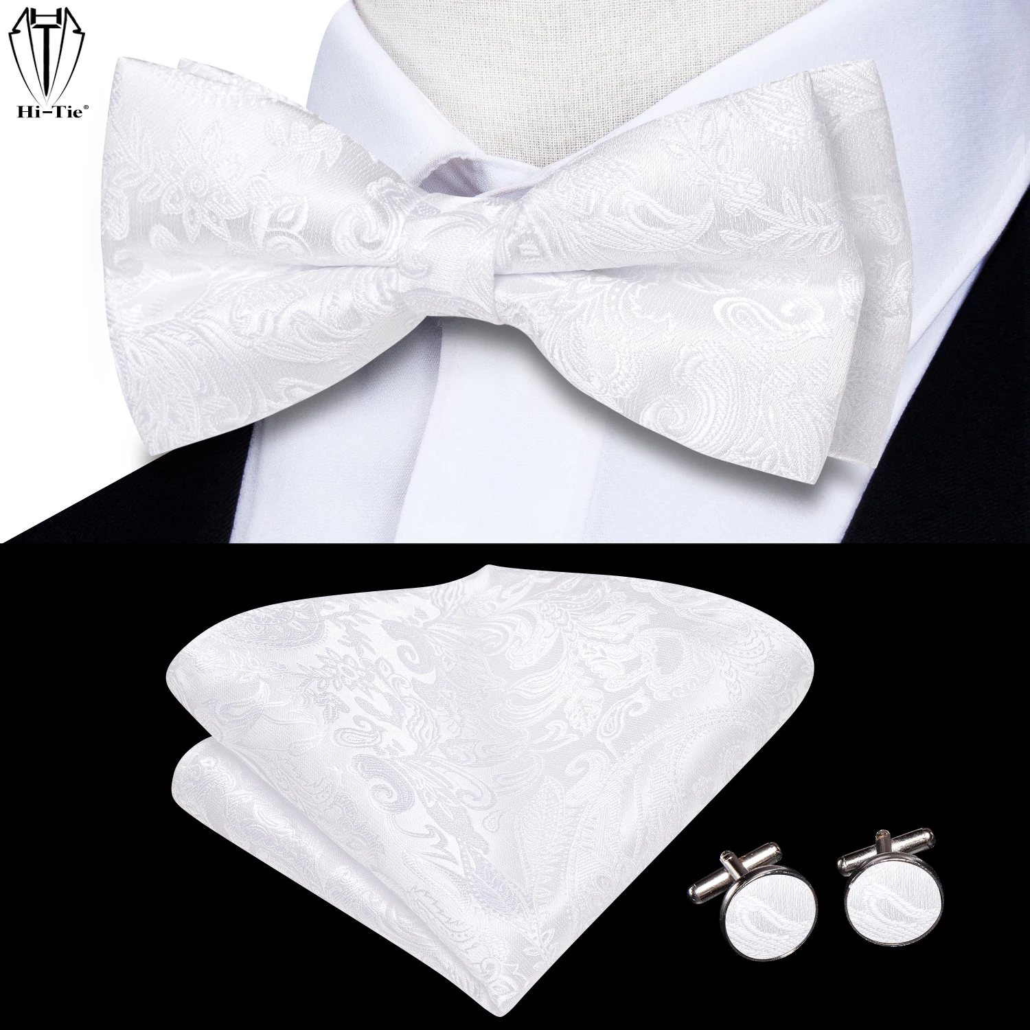 Top Trends: Hi-Tie Black White Silver Grey Brown Silk Mens Bow Tie Hankerchief Cufflinks Set Pre-tied Butterfly Knot Adjustable Bowtie Male Shoppable Styles