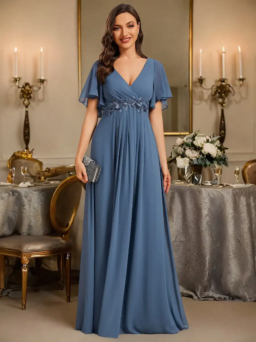 Top Trends: Elegant Evening Dresses Deep V Neck Appliques Pleated Floor-Length 2024 BAZIIINGAAA Of Chiffon Dusty Navy Bridesmaid Dresses Shoppable Styles