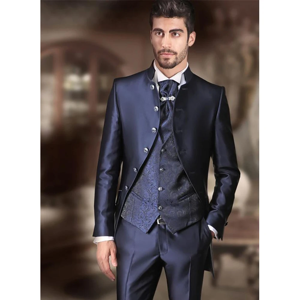 Top Trends: New Formal Men Suit Navy Blue 3 Piece(Jacket+ Pants+ Vest) Wedding Suits For Male Jacquard Slim Fit For Groom Custom Set Shoppable Styles