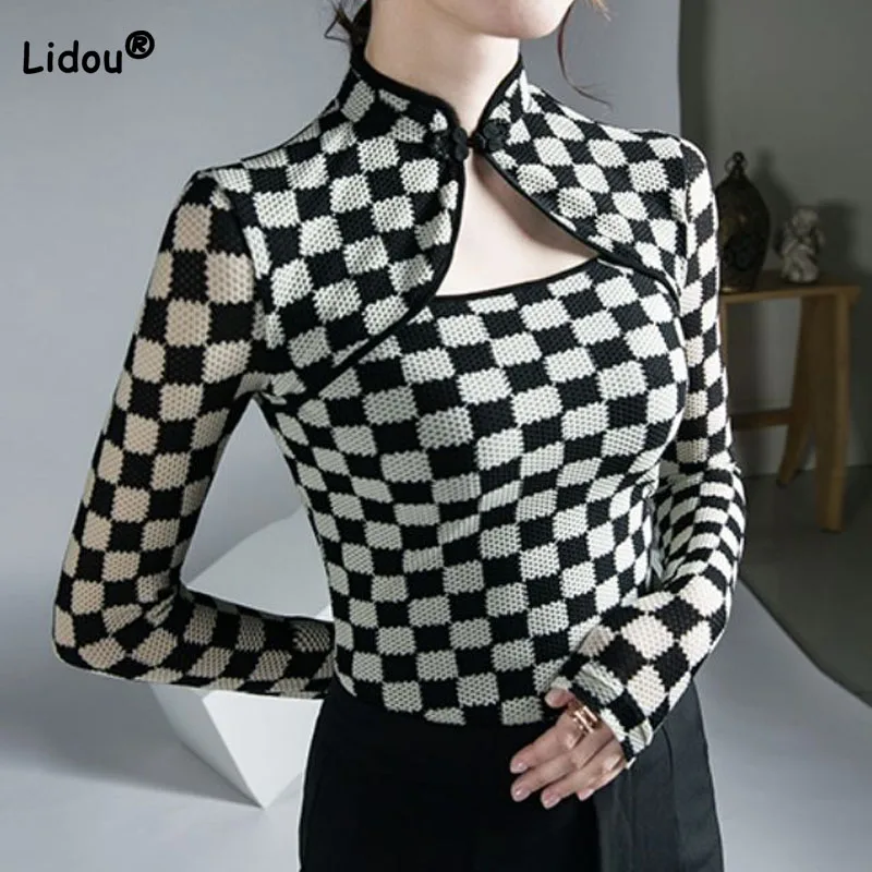 Top Trends: Slim Fashion Lady Plaid Printed Long Sleeve T-shirt Autumn Winter Women's Hollow Out Stand Collar Spliced Tops Female Clothing Shoppable Styles