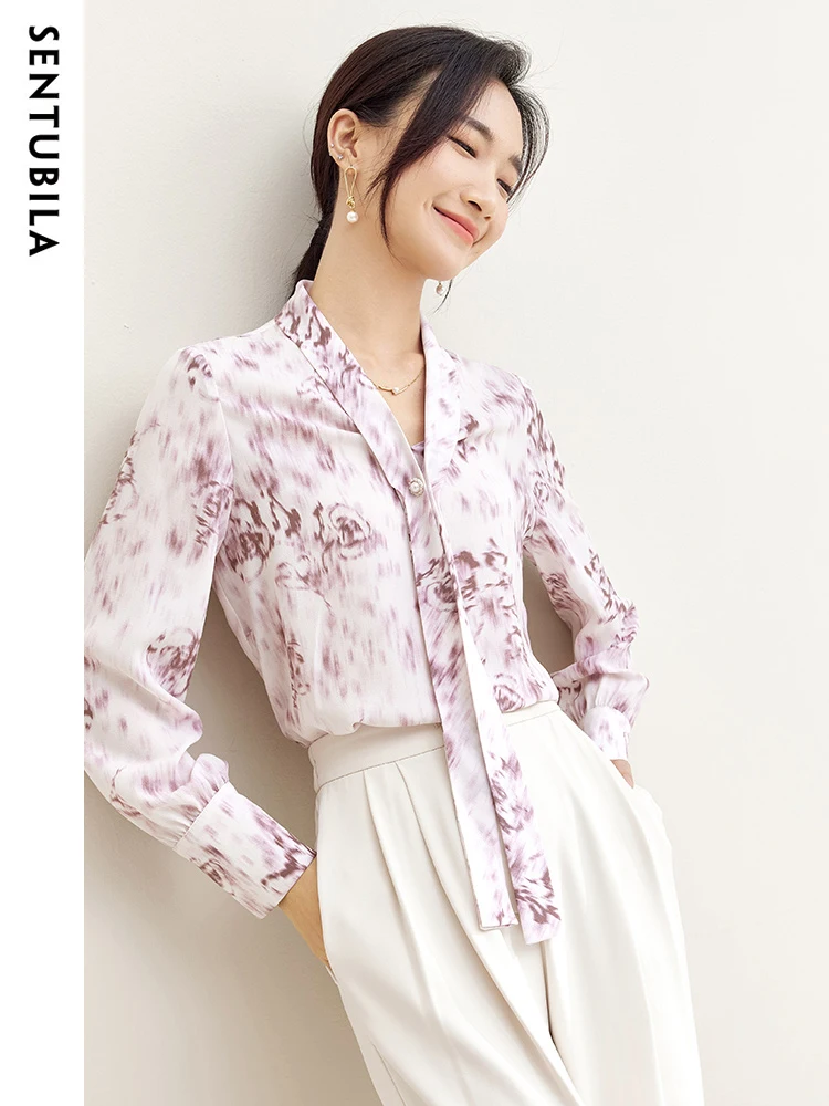 Top Trends: Sentubila Elegant Tie V Neck Chiffon Blouses Women 2023 Autumn Long Sleeve Tops Ladies Purple Printed Shirts & Blouses 133C50781 Shoppable Styles