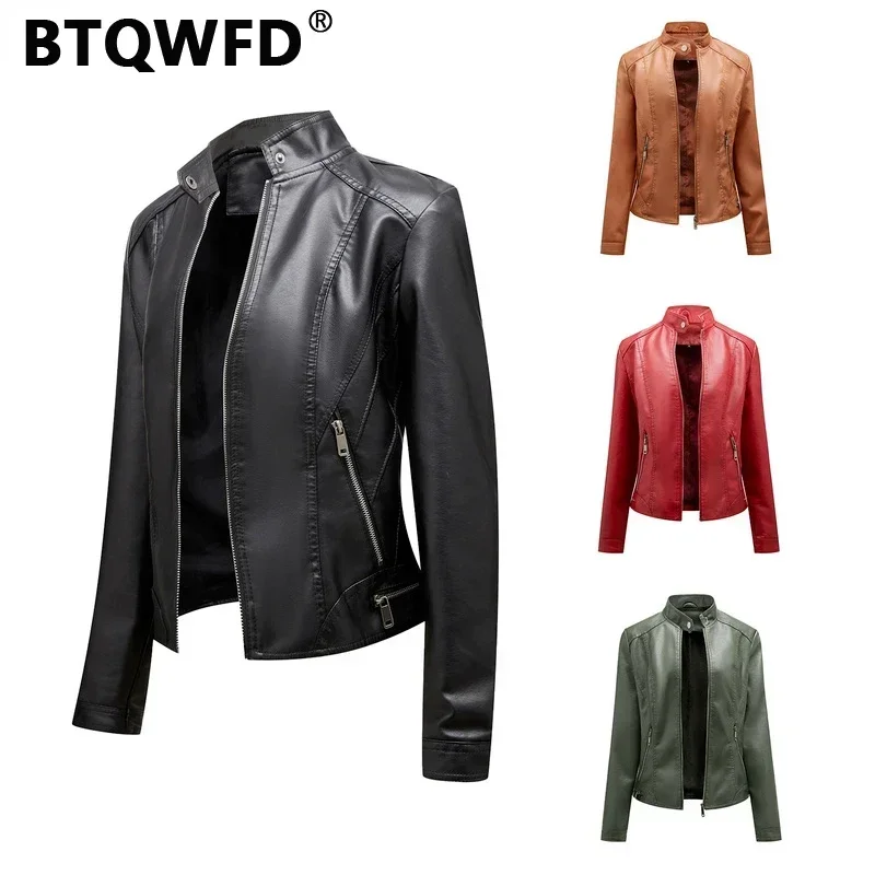 Top Trends: BTQWFD Jackets Women&#039;s PU Faux Leather Coats Winter Stand Collar Zipper Female Clothing 2023 New Autumn Long Sleeve Motor Biker Shoppable Styles