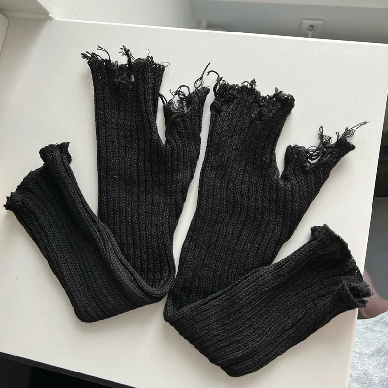 Top Trends: 1pair Black Tattered Punk Unisex Fingerless Cuff Knit Gloves Women Men Elbow Length Mittens Broken Stretch Arm Warmer Gloves Shoppable Styles