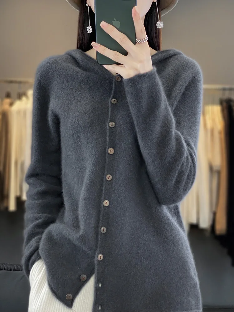 Top Trends: Spring Autumn Female 100% Merino Wool Sweater Women Knitted Gingrich Cardigan Knitwear Loose Hoodie Tops Y2k Coat Shoppable Styles