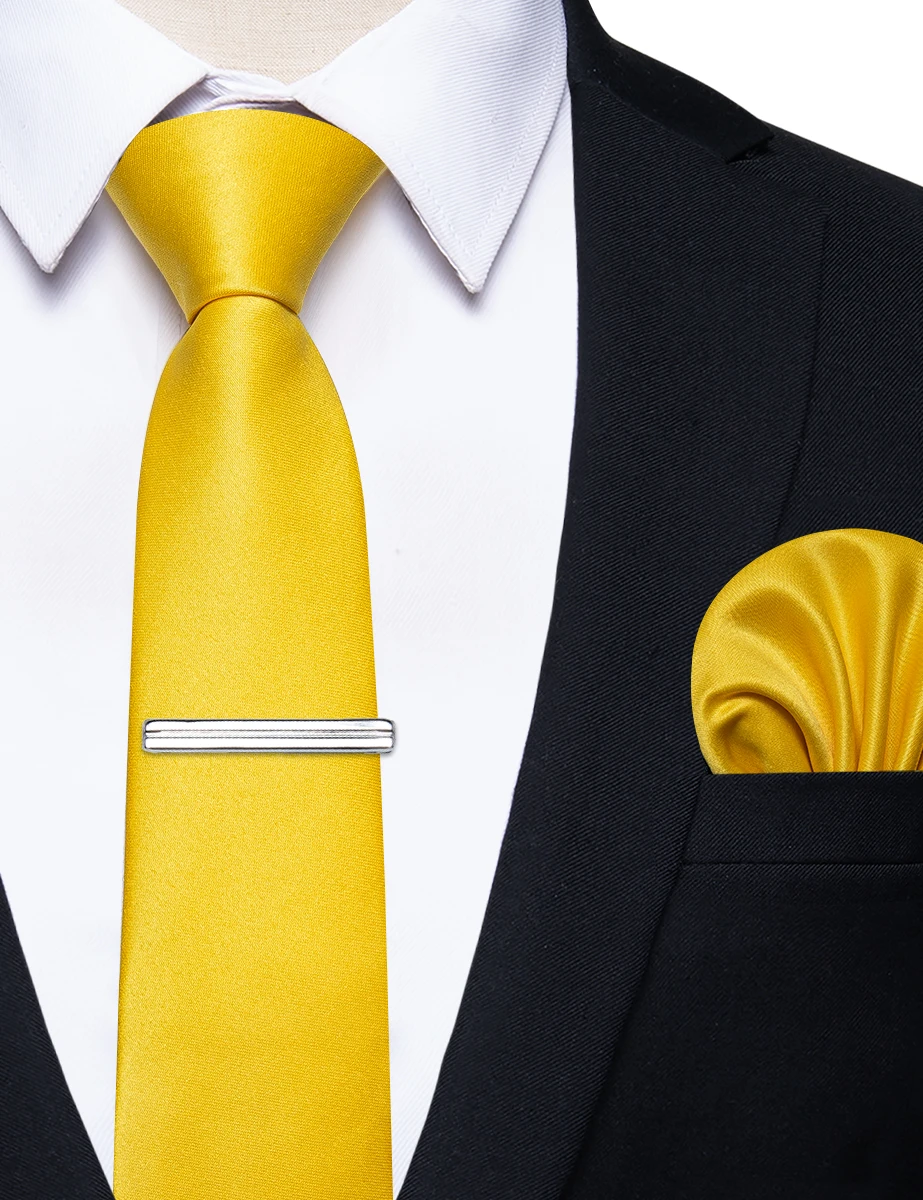 Top Trends: Fashion Bright Yellow Slim Tie For Man Wedding Daily Wearing Party Silk Luxury Mens Solid Necktie Pocket Square Clip Dropshiping Shoppable Styles