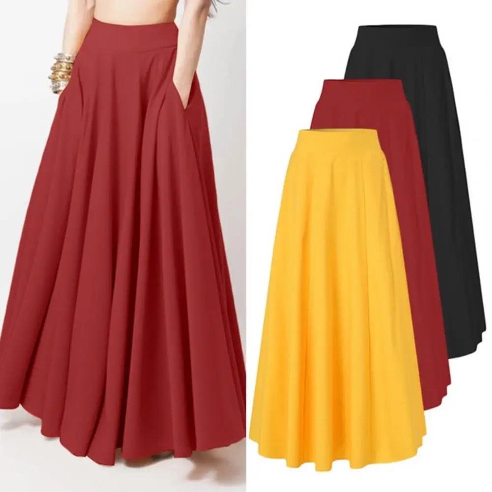 Top Trends: Summer New In Skirt Two Pockets High-Waist Elastic Waist Pleated Large Hem Clothing Matching Oversized Women A-Line Solid Skirt Shoppable Styles