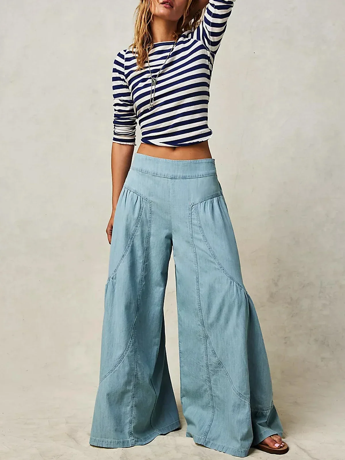 Top Trends: Women&#039;s Pants High Waisted Elastic Waist Loose Women&#039;s Wide Leg Spliced Pants Casual Solid Color High Street Pants With Pocket Shoppable Styles