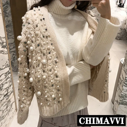 Top Trends: Autumn And Winter Fashion Pearl Rhinestone Beads Thick Cardigan Sweater Women Short Sweater Jacket Loose Casual Knitted Coat Shoppable Styles