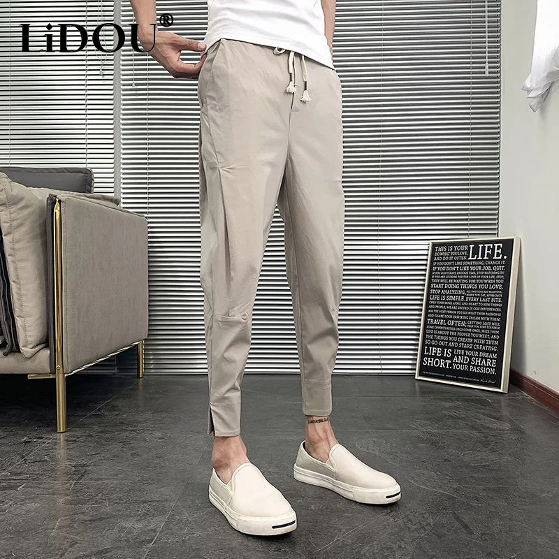 Top Trends: 2023 Summer New Solid Color Pockets Drawstring Ankle Length Pants Man Korean Style Fashion High Street Cotton Pleated Haren Pant Shoppable Styles