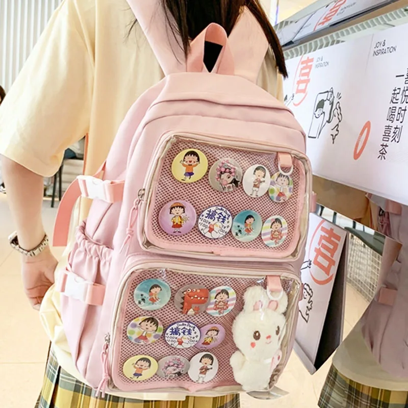 Top Trends: Korean Girls Large School Pink Ita Backpack With Two Clear Pockets For Pin Display Women Big Kawaii Ita Bag With Insert Plate Shoppable Styles