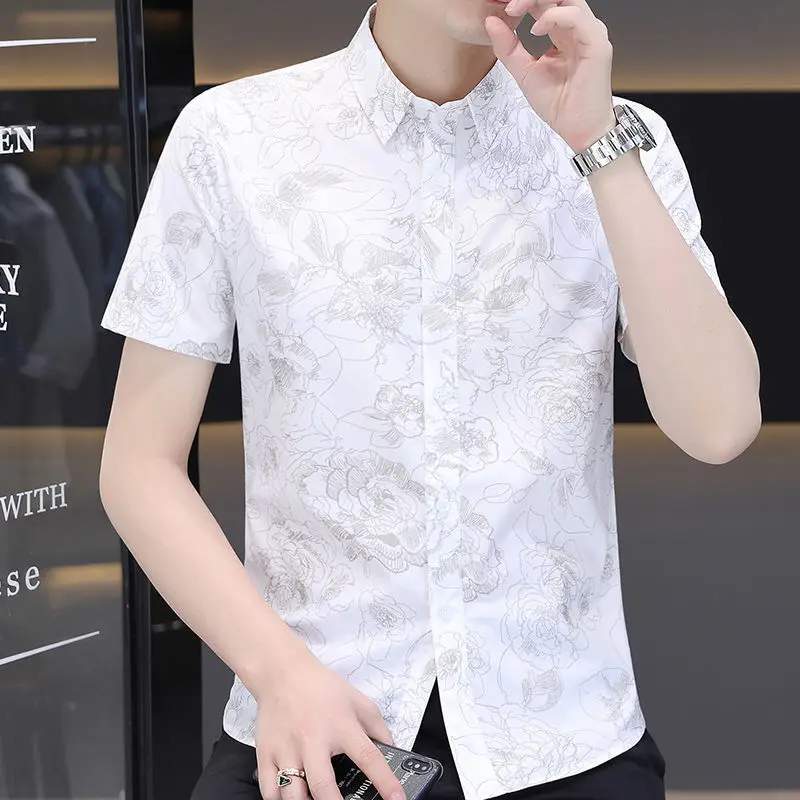 Top Trends: Korean Casual Trend Floral Printed Short Sleeve Shirt For Men Fashion Vintage Polo-Neck Single-breasted Shirt Male Clothes 2023 Shoppable Styles - Image 6