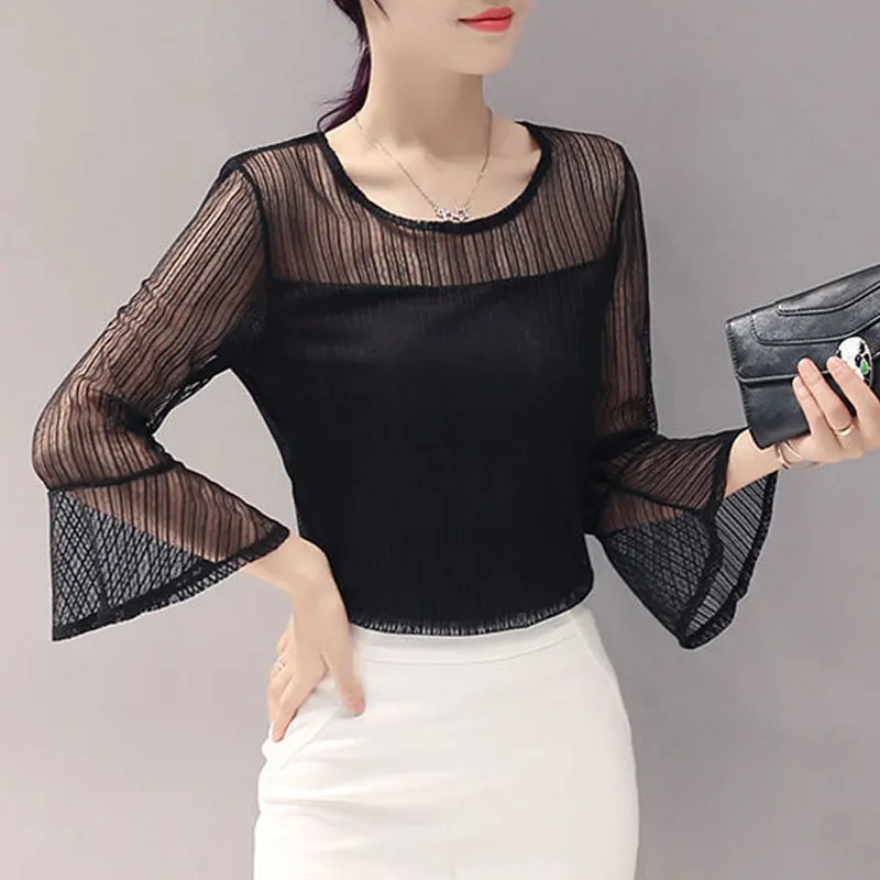 Top Trends: Fashion Gauze Lace Patchwork Blouse Spring Summer New 3 / 4 Sleeve Female Clothing Slim Solid Color Round Neck Flare Sleeve Shirt Shoppable Styles