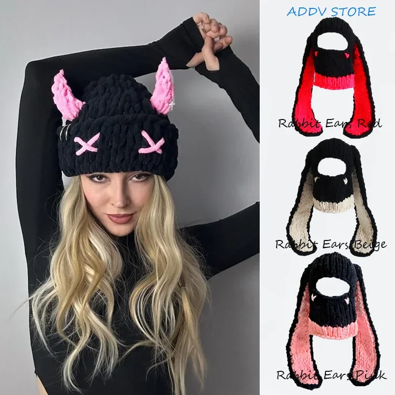 Top Trends: Y2K Women's Rabbit Ears Hand-knitted Hat Sweet And Cool Hot Chick Thickened Thermal Mask Demon Hood Party Bear Beanie Shoppable Styles